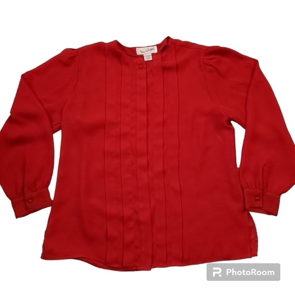 Diane Von Furstenberg Vintage Red Pleated Button Semi Sheer Blouse Plus size 14 - Picture 1 of 11